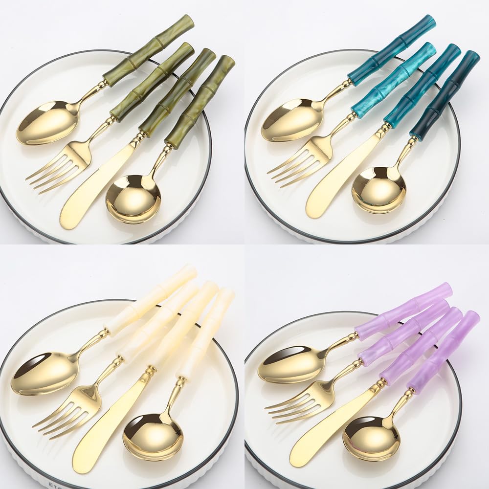 Manico Acrilico Cucina Acciaio Inox Argenteria Stoviglie Posate Set Bistecca Coltello Forchetta Cucchiaio Cucchiaino (Oro viola,Coltello affilato - 6 pezzi)