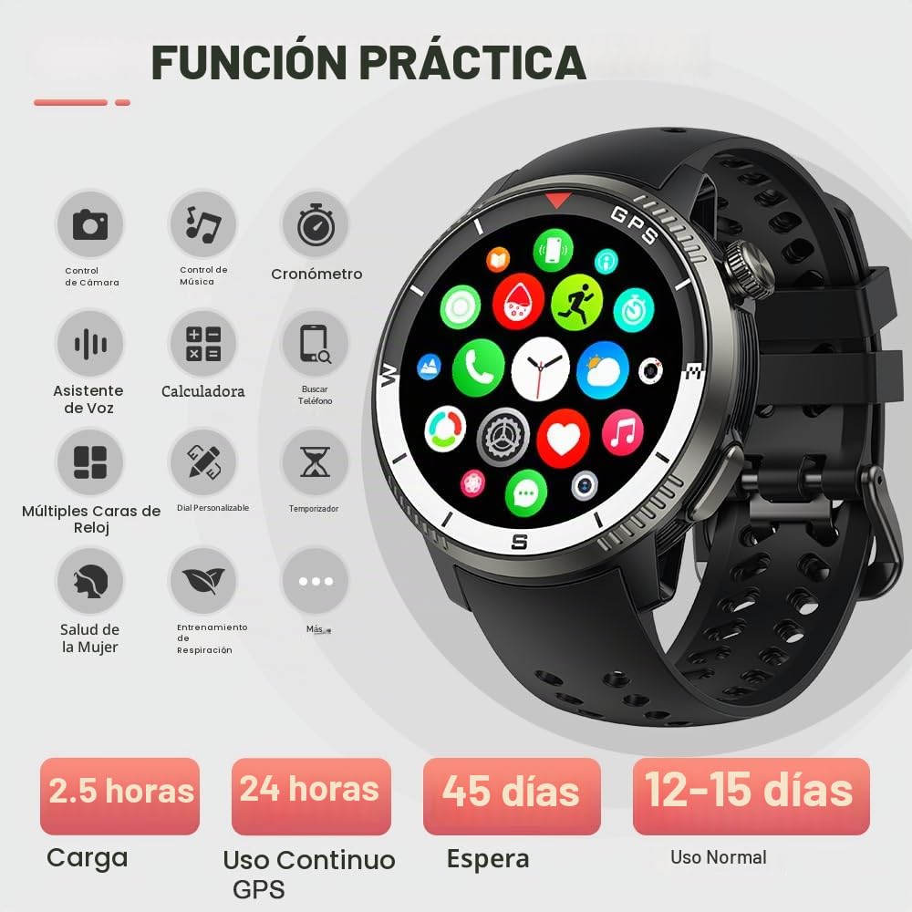 Jugeman Reloj Inteligente Hombre Militar con GPS, 5ATM Smartwatch con Brújula Llamadas Bluetooth Pulsómetro Oxímetro Sueño, 1.43" AMOLED Reloj Deportivo con 170+Modos Deportivos para iOS Android