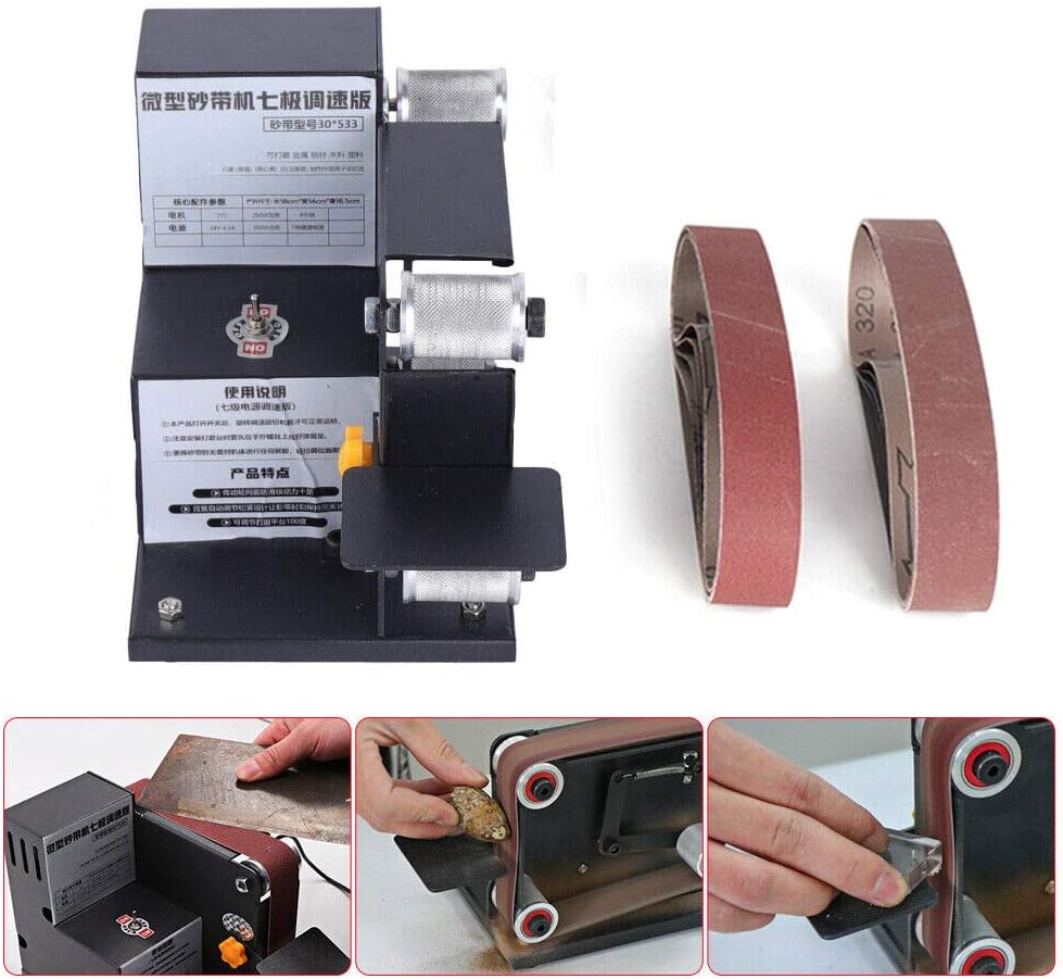 DENESTUS Upgraded Mini Electric Belt Sander Portable Machine 8000rpm Grinder DIY Polishing 7gear Adjustable and Come with Belts for Polish Grind Metal Wood Plastics Aluminum Grinding US Stock - - 