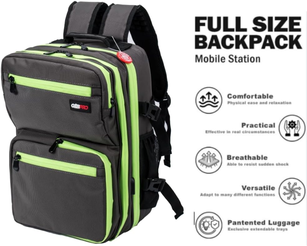 G&BPRO Backpack for Travel – Mid Size All-in-One Mobile Workstation with Extending Tray System – Hair Stylist & Durable Water-Resistant Bag (Gray With Green Zipper)