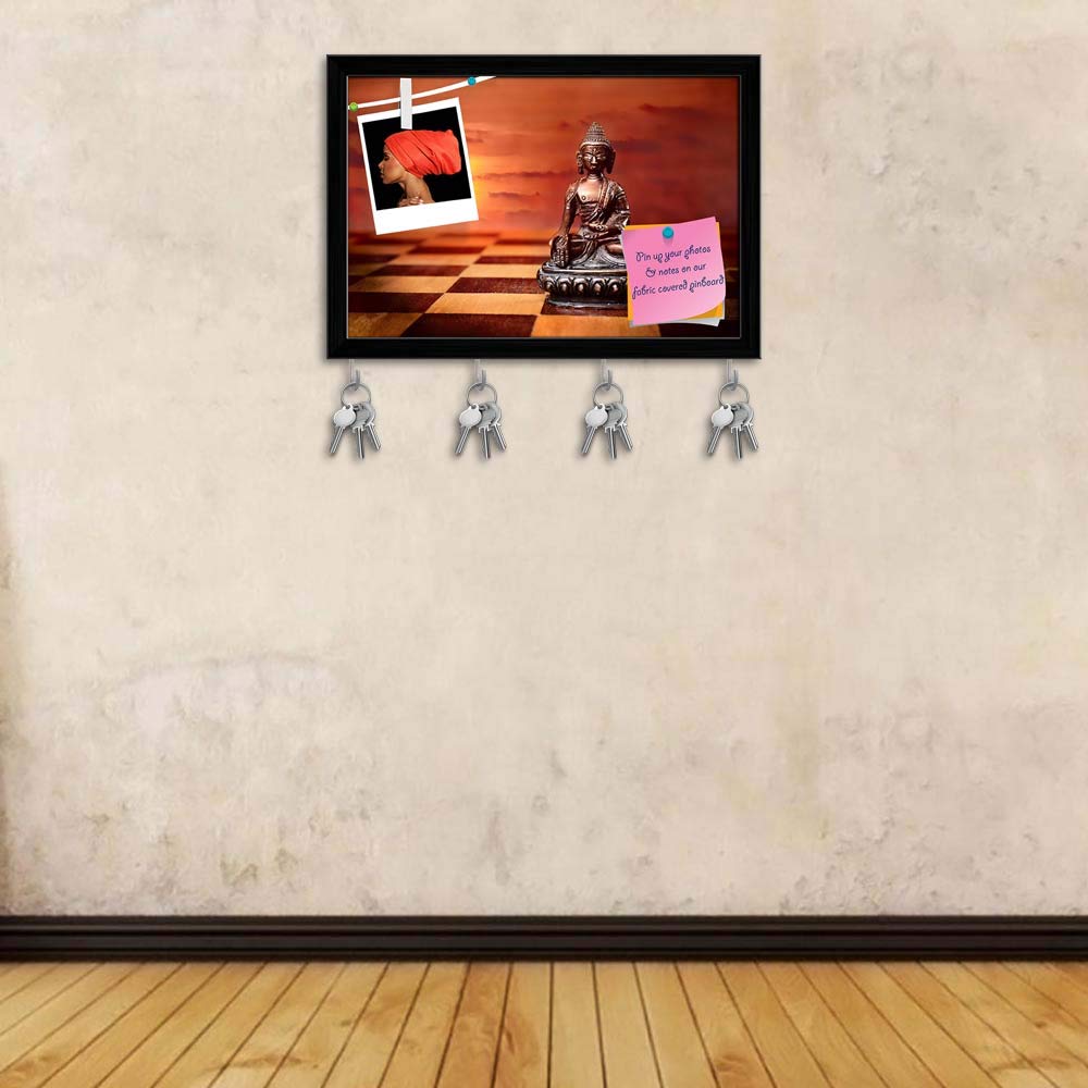 ArtzFolio Bronze Buddha Sitting in Padmasana Bulletin Notice Pin Board | Vision Soft Board | Inbuilt Key Holder Hooks | Black Frame 17.5 x 12 inch (44 x 30 cms)