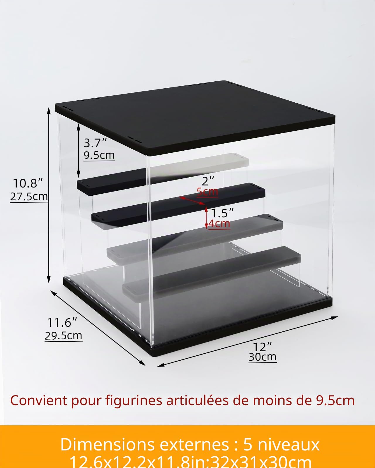 Vitrine Acrylique Transparente avec Éclairage LED, Boîte d'Exposition 3/4/5/6 Niveaux Anti-Poussière Vitrine Présentoir pour Figurines, Collections, Modèles (Noir, 5 Étagère 32 x 31 x 30cm)