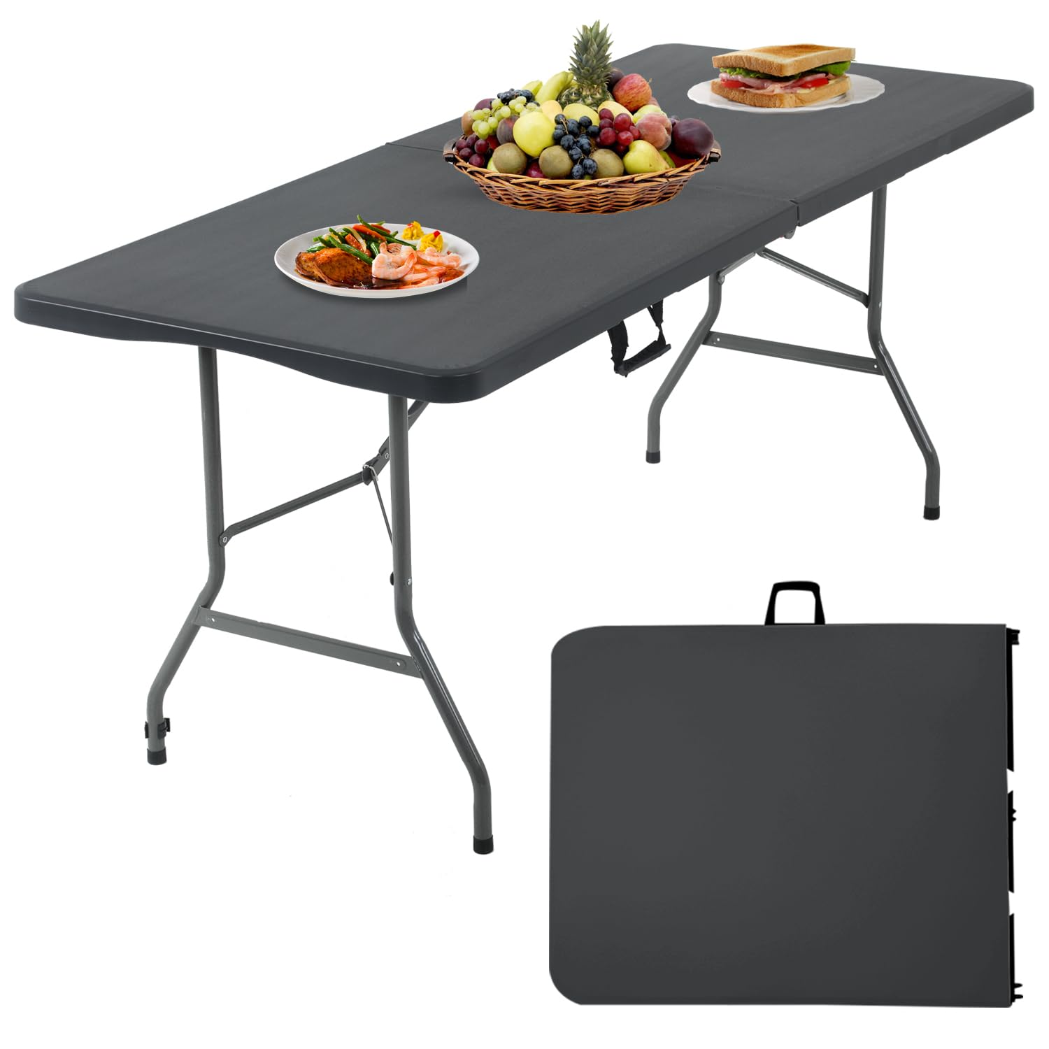 6 Foot Folding Table Small Table Multipurpose Indoor Outdoor Heavy Duty Camping Table Portable Picnic Table Fold-in-Half Utility Dining Table Lock for Picnic,Party,Camping,Black