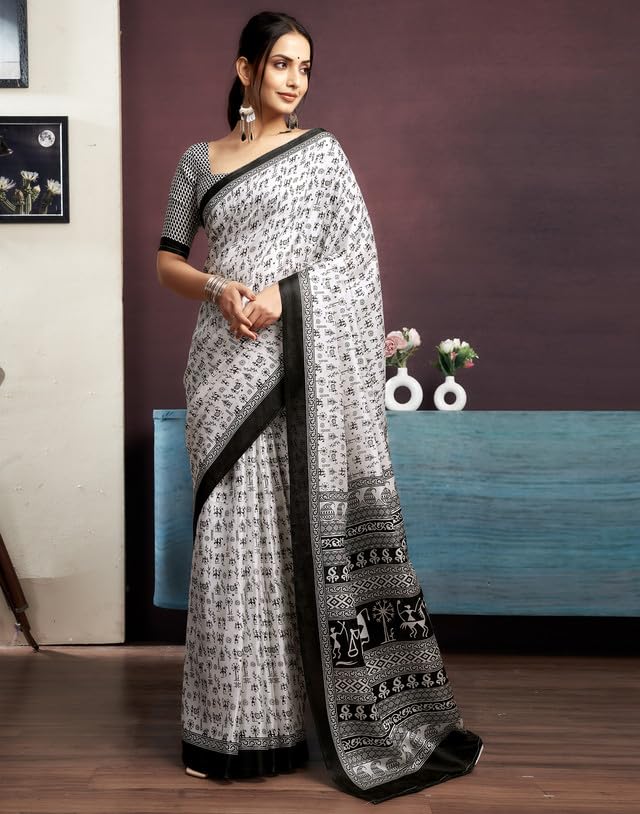 Image of SIRIL Women's Bagalpuri Silk Saree | Varli Printed Saree With Unstitched Blouse Piece