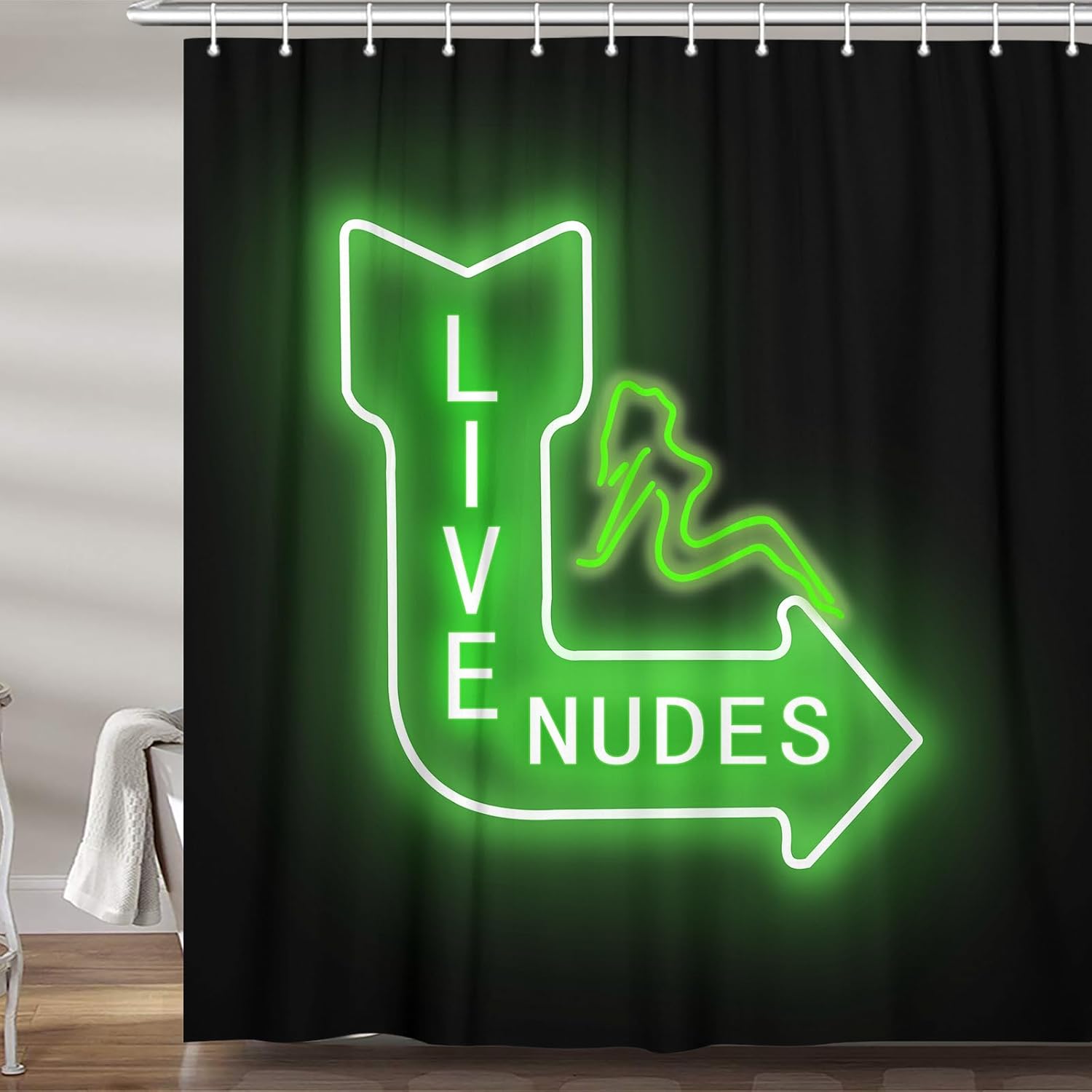 JAWO Funny Shower Curtain for Bathroom, Fun Pink Neon Signs Live Nudes Fabric Shower Curtains Set, Unique Sexy Girl Restroom Decor Accessories with Hooks 70X84inches, Green