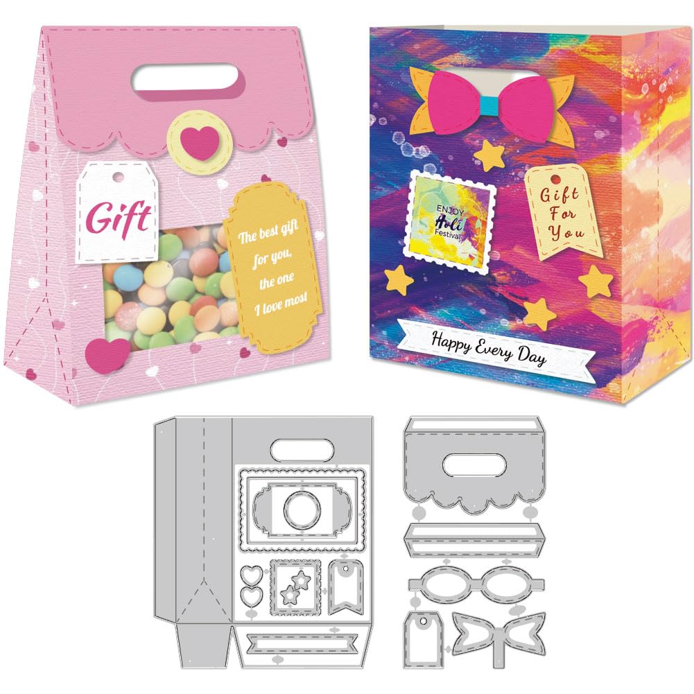 DELORIGIN 3D Gift Bag Die Cuts for Card Making, Gift Box Carbon Steel Cutting Dies Borders Stitch Scrapbooking with Bow Tie Embossing Template Dies for DIY Birthday Gift Party Greeting Paper Card