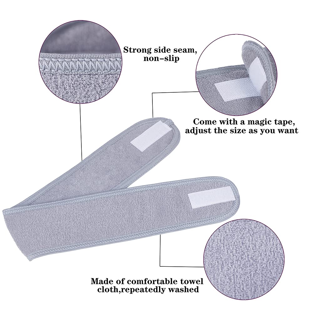 Gesichts-Spa-Stirnbänder, 4 Stück, Make-up, Dusche, Bad, Sport, Stirnband, Frottee, Stretch-Handtuch mit magischem Klebeband (grau)