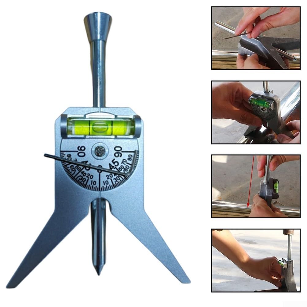 Professionelles Rohrform-Layout-Werkzeug mit verstellbarem Winkelmesser und gehärtetem Zentrierstift für präzise Markierung auf Stahlrohren mit minimalem Durchmesser von 1,2 cm in Silberton