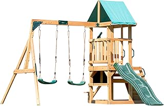DOLPHIN PLAYGROUND T Swing Set for Backyard with 2 Swings, Slide, Climbing Wall, Chalkboard, Picnic Table & Telescope – Heavy-Duty Cedar Wood Outdoor Playset for Kids Aged 3+ Years