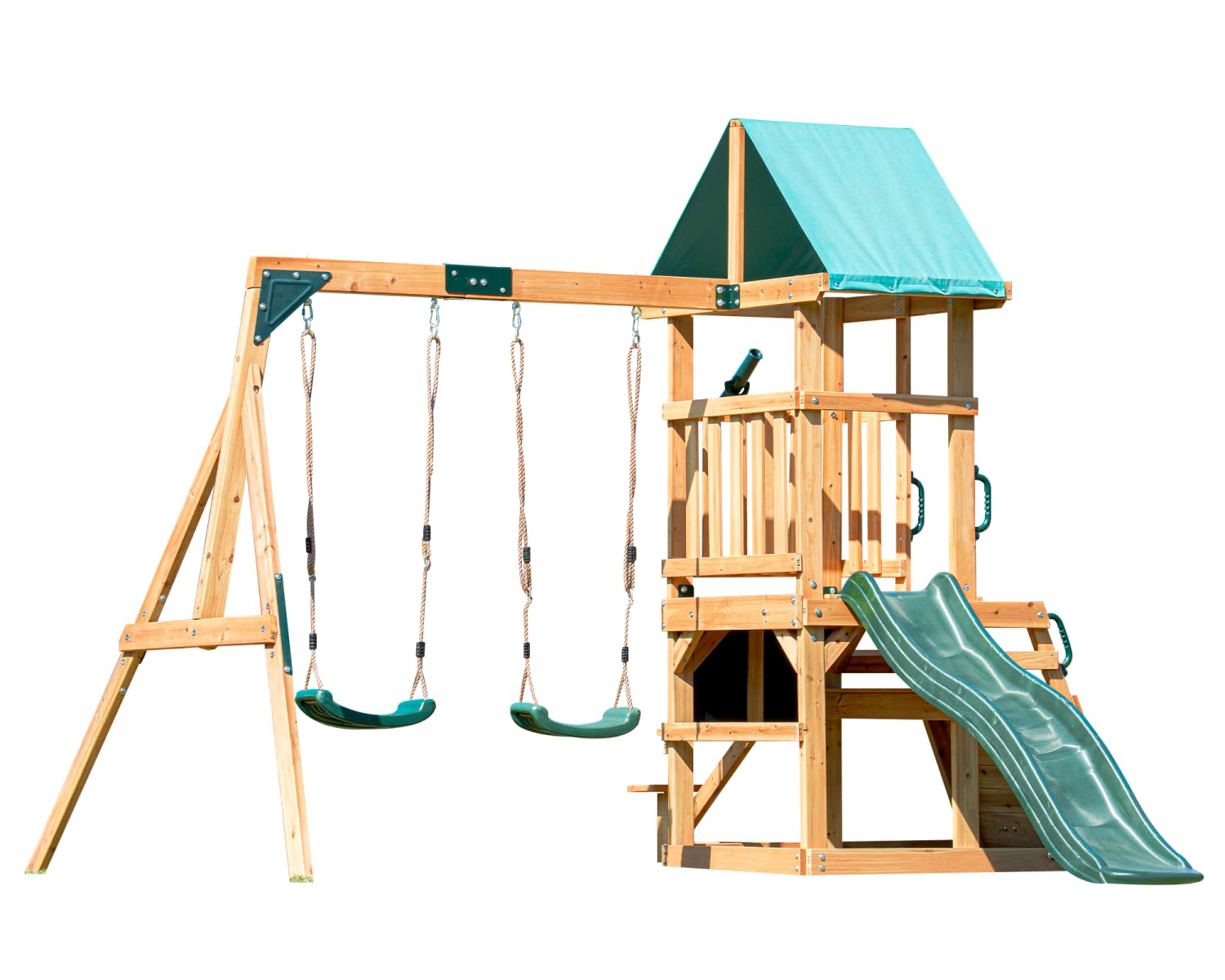 DOLPHIN PLAYGROUND T Swing Set for Backyard with 2 Swings, Slide, Climbing Wall, Chalkboard, Picnic Table & Telescope – Heavy-Duty Cedar Wood Outdoor Playset for Kids Aged 3+ Years