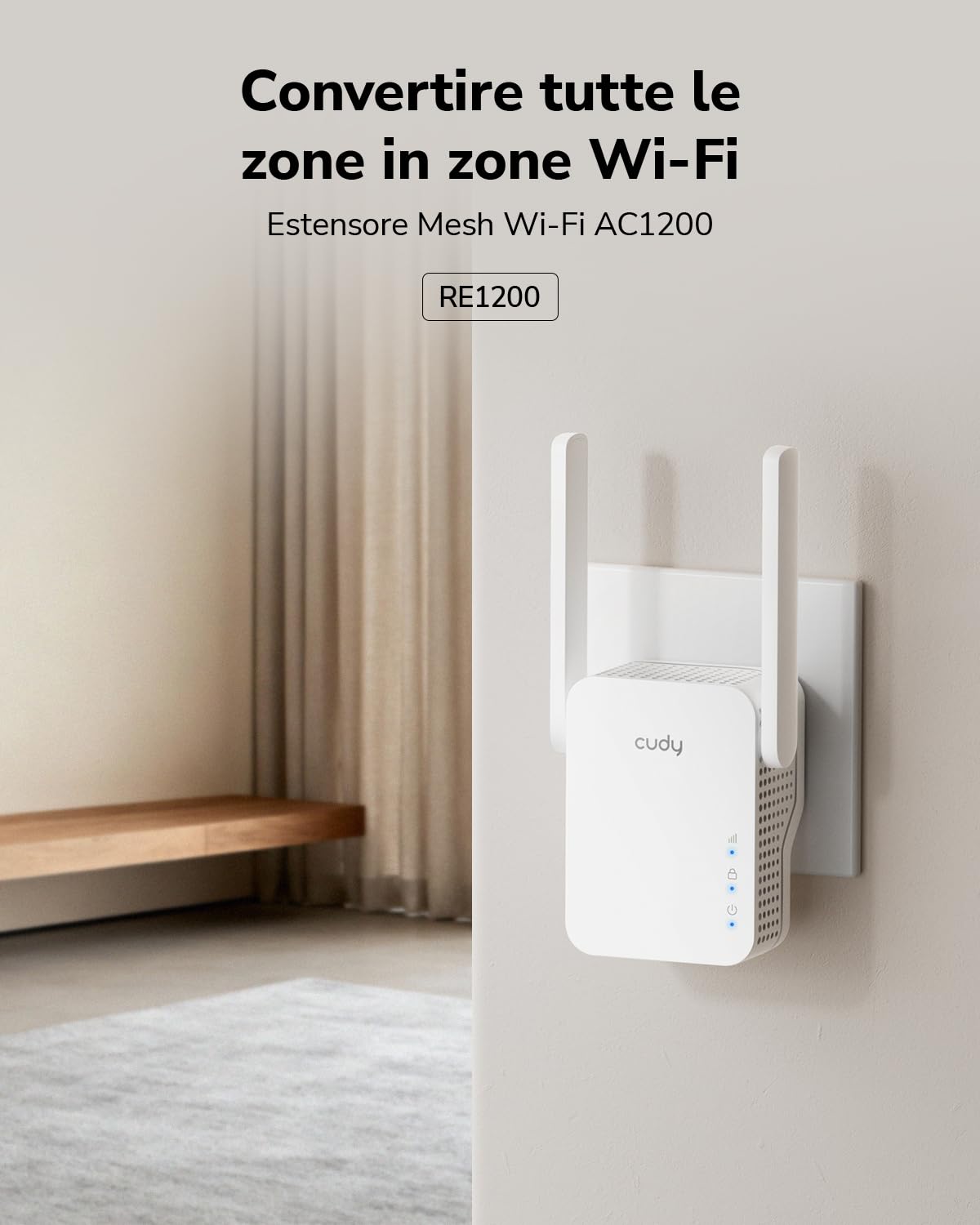 Cudy RE1200 Booster wireless AC1200 Dual Band WiFi Extender, WiFi Range Extender, 300 Mbps su 2,4 GHz, 867 Mbps su 5 GHz, copre fino a 1500 piedi quadrati, collega 30 dispositivi, modalità AP, WPS