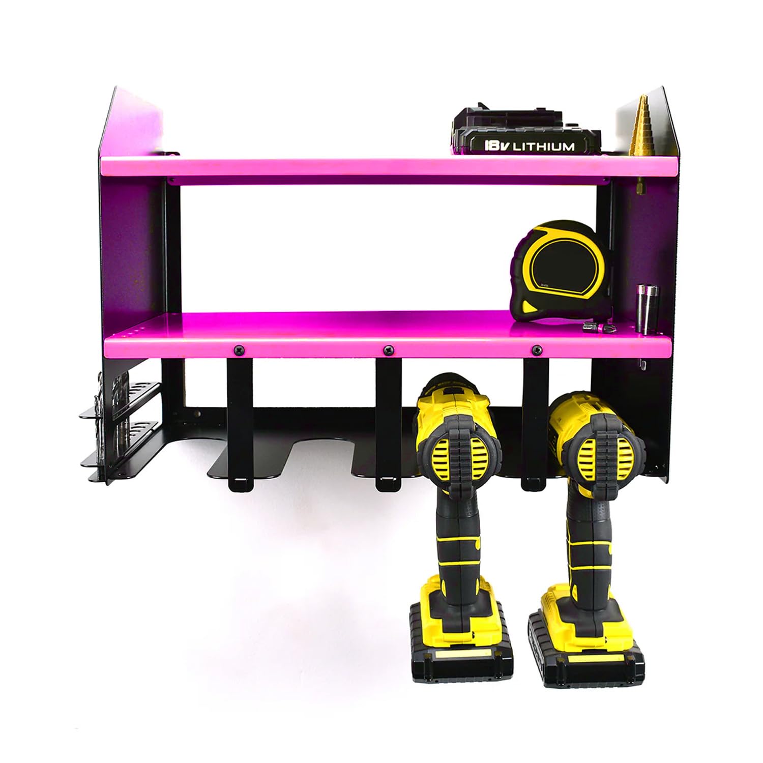 MegaMaxx UK Wall Mount Power Tool Storage Unit Pink - Heavy Duty Drill Rack for Garage, Workshop, Van or Shed - Holds 4 Power Drills - Steel Charging Shelf Station with Bit Holders - UK Made