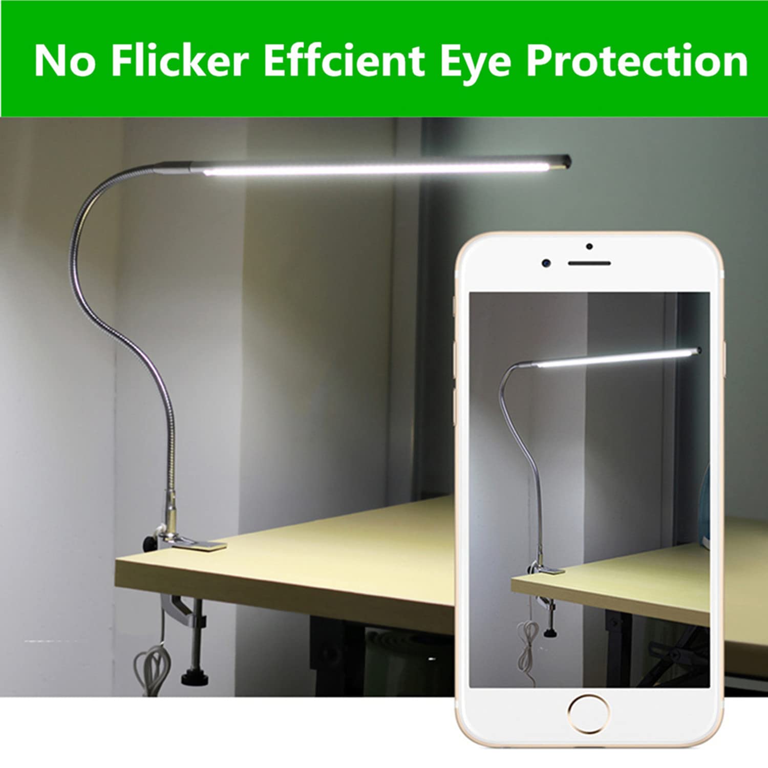 Lámpara de escritorio LED USB, lámpara de uñas ajustable con clip para el cuidado de los ojos, cuello de cisne giratorio 360 grados con interruptor de luz de abrazadera para manicura,