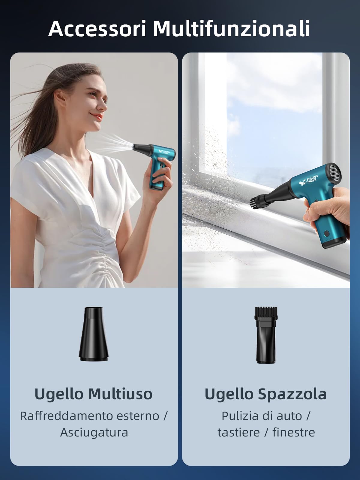 Smiling Shark Soffiatore ad Aria Compressa, JF-01 Vitesse Variabile 130000RPM Elettrico Rimuovi Polvere Senza Fili con Luce LED - Air Duster per Kit Pulizia PC/Tastiera/Auto/Divano/Camping, Blu