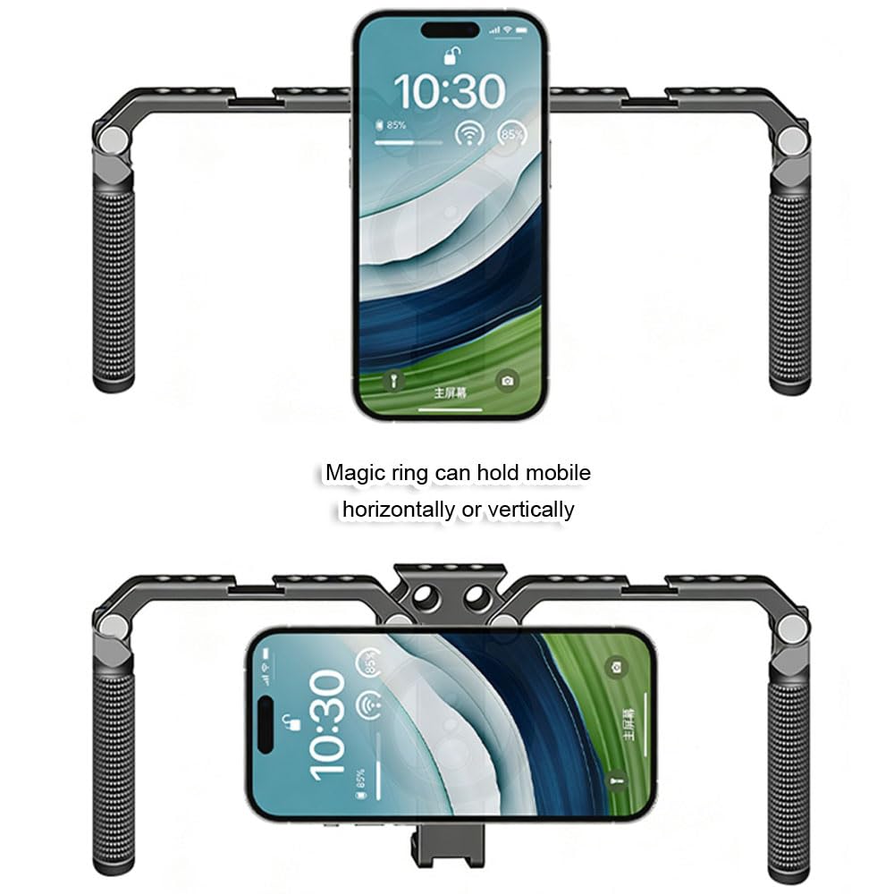 Supporto doppio stabilizzatore in metallo per smartphone, gabbia universale per fotografia per treppiede, morsetto e anello magnetico, supporto per 2 cellulari riprese video verticali e orizzontali