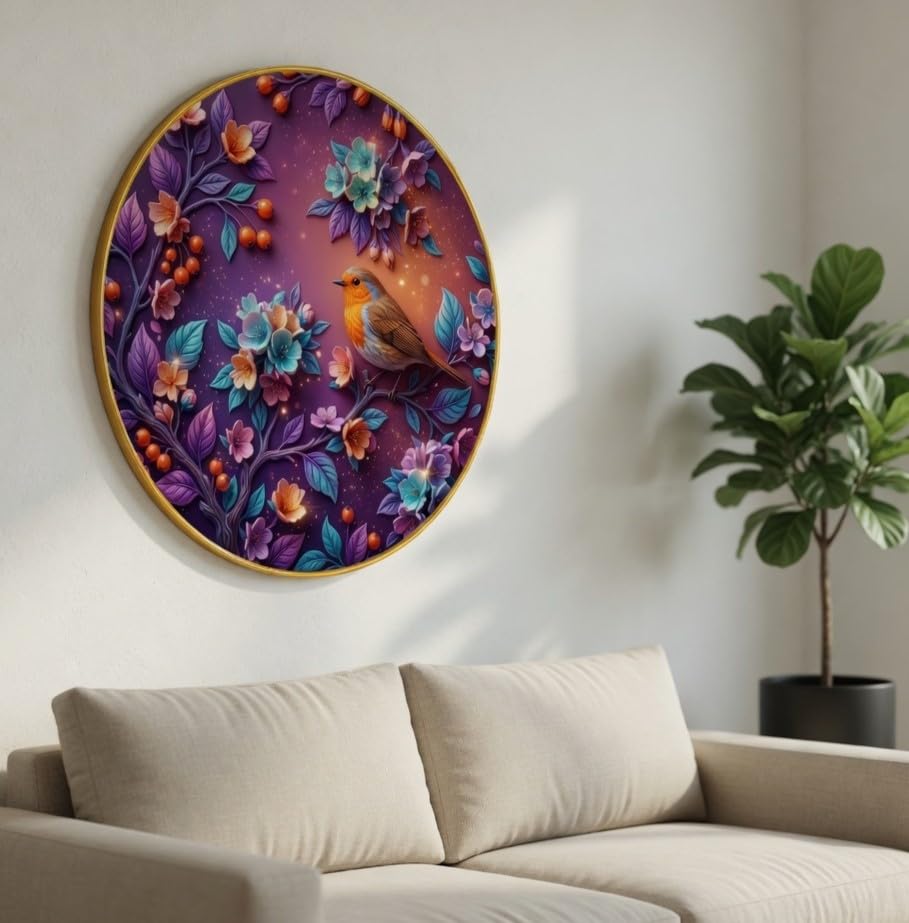 Image of SAF Colorful Bird Floral Wall Painting with Golden PVC Frame Round Nature Art Modern Decorative Wall Decor for Living Room Bedroom Office Home Luxury Gift Item (16 x 16 Inch) GRM-364