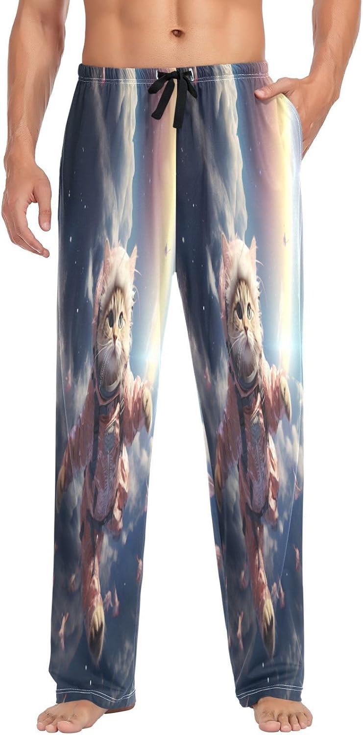 ALAZA Cat Astronaut Funny Men's Pajama Pants Men Cotton Pajama Bottoms with Pockets, S