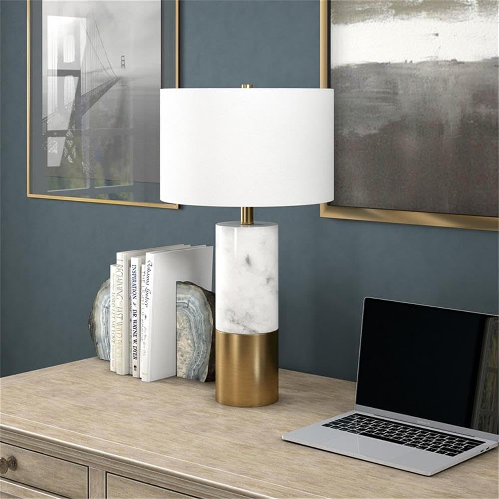 Pemberly Row 13" Table Lamp, Arabescato Marble Base with Brass Finish, White Drum Linen Shade, Glam Design, 23.75" Tall, 6 ft. Cord, Modern Lighting for Living Room, Bedroom, or Workspace