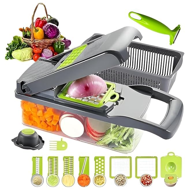 16 in 1 Multipurpose Chopper, Fruits & Vegetable Cutters, Grater Peeler Chipser, Unbreakable Food Grade Body, Easy Push to Clean Button Slicer Dicer, Chopper for Kitchen (16)-image-3