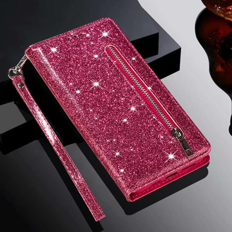 Étui portefeuille iPhone 16 Pro en cuir rose rouge avec rabat magnétique et porte-cartes