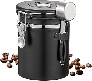powderStorage Container – Airtight powderCanister with Date Tracker, Measuring Scoop, Seal Lock Lid, Keeps Beans Fresh, Preserves Aroma, Stainless Steel powderJar, 1.5l Kitchen Pantry Use