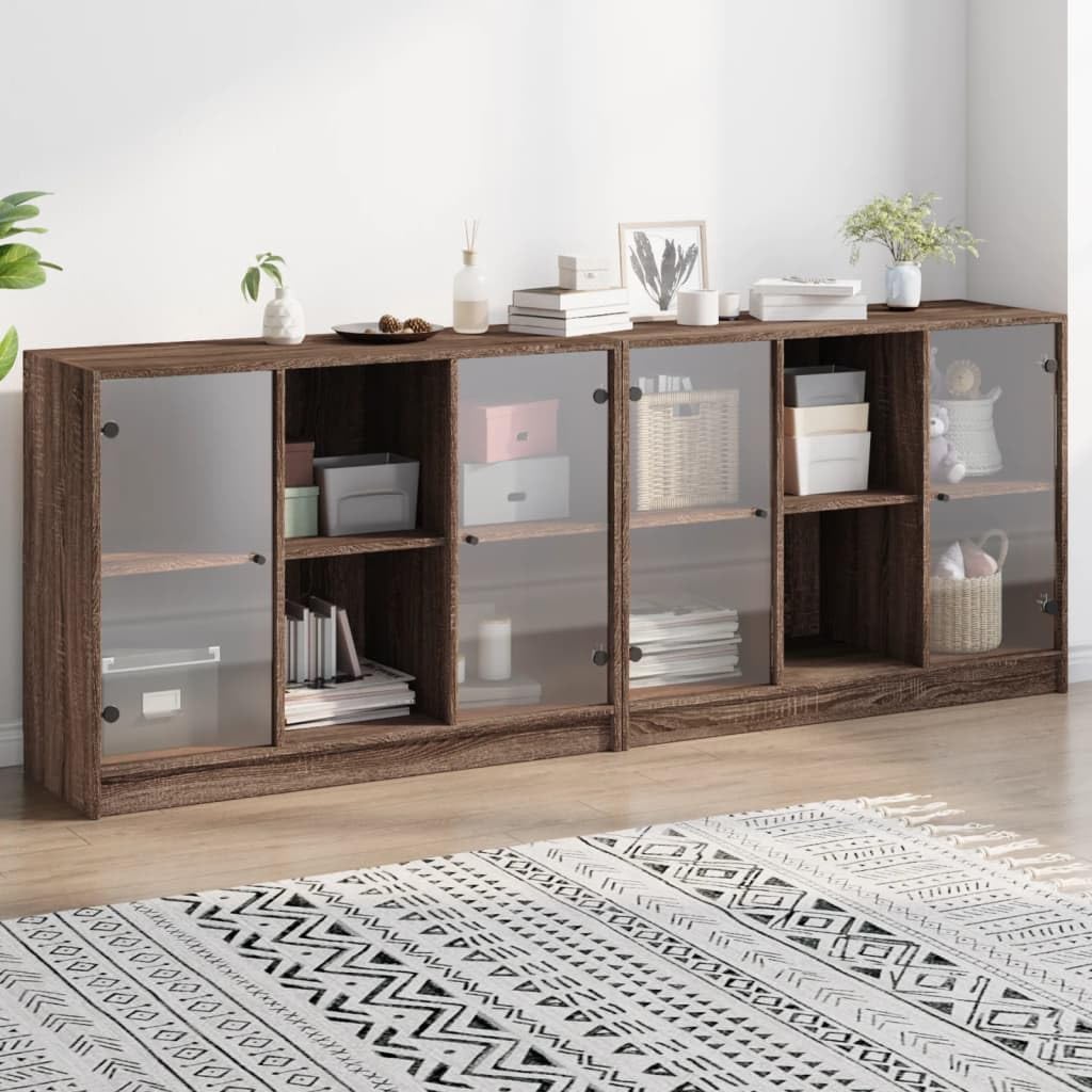 OHOOWOO Estantería con Puertas Madera marrón Roble 204x37x75 cm,Estantería de Madera con Puertas de Vidrio para Guardar Libros y Documentos Mueble marrón Roble Armarios y estanterías
