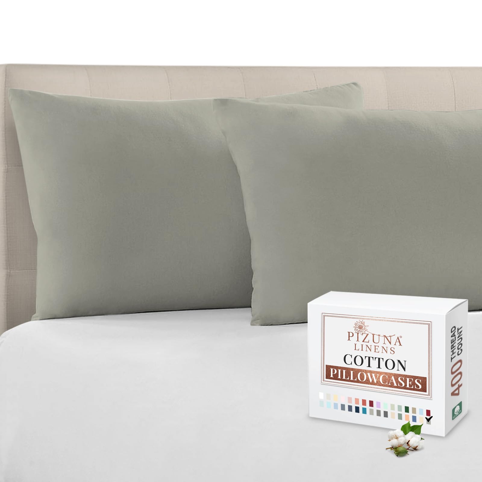 Pizuna Pure 100% Cotton Pillow Case 48 x 74 cm Silver, 400 Thread Count Soft Luxurious Long Staple Cotton Sateen Weave Pillow Cover (Cooling Pillowcase Silver- 2 PC)