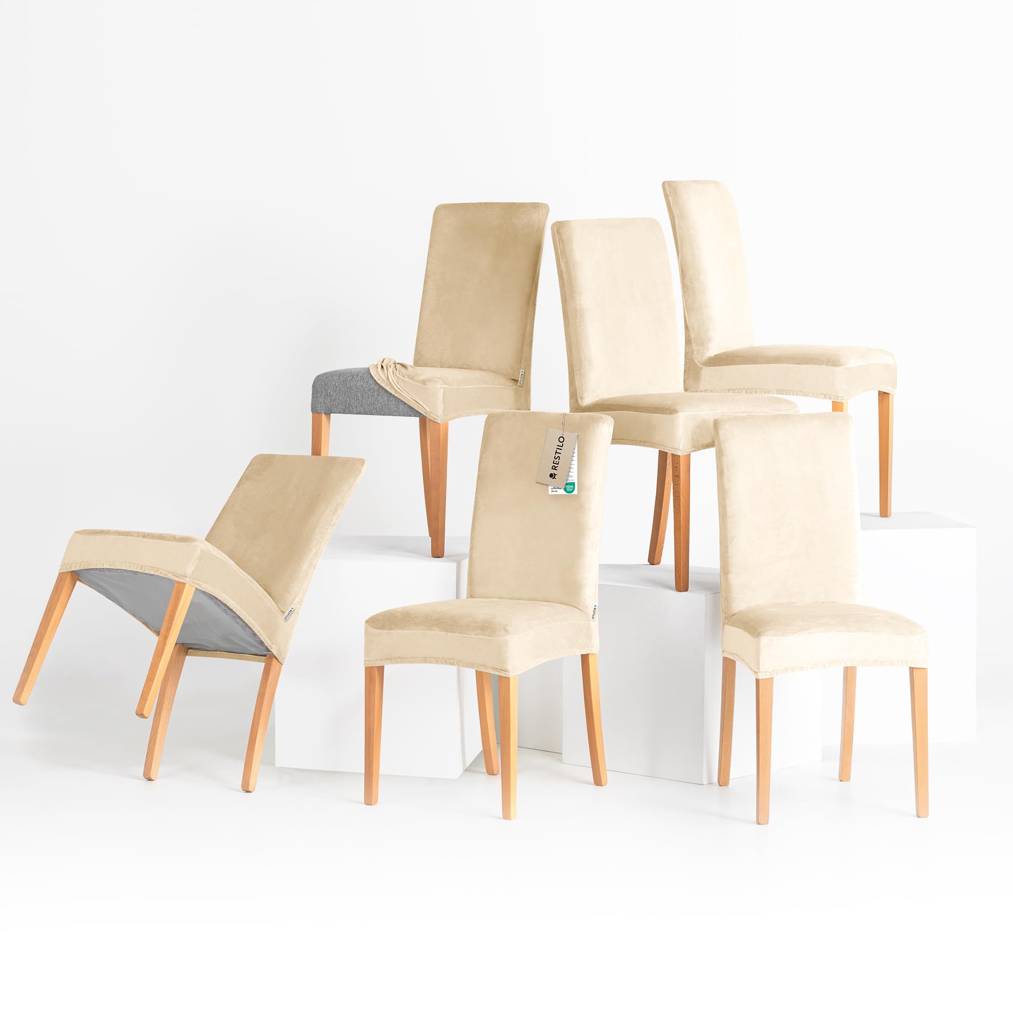 Lot de 6 Housses de Chaise Extensibles Amovibles et lavables - pour Salle à Manger, Cuisine, Restaurant, hôtel, Banquet, Mariage, fête, Sento - Beige Clair