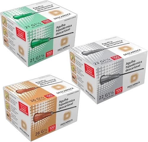 Agulha Intramuscular Hipodérmica Verde 21g 30 x 0,80mm, agulha 13x0,45mm e agulha 30x0,70mm 100 unidades cada