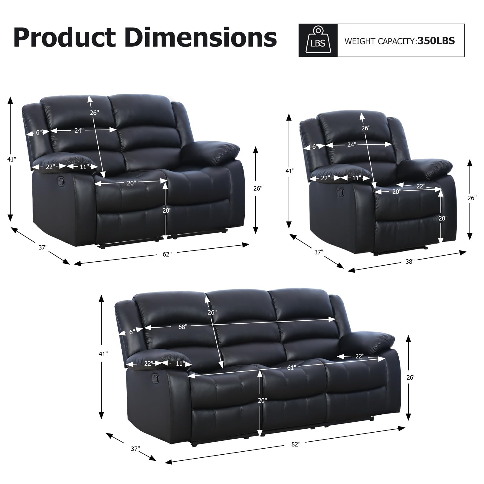 EBELLO Manual Recliner Sofa Set, Faux Leather Reclining Couch Furniture Set for Living Room, Includes 1 Recliner Chair, 1 Loveseat Sofa and 1 3-Seater Reclining Couch, Black view 2