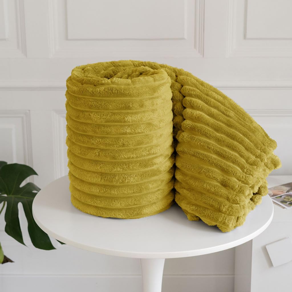 NIGHTZONE Chunky Ribbed Cord Faux Fur Velvet Touch Sofa Bed Throwover Soft touch Blanket (Ochre, 200 X 240 CM)