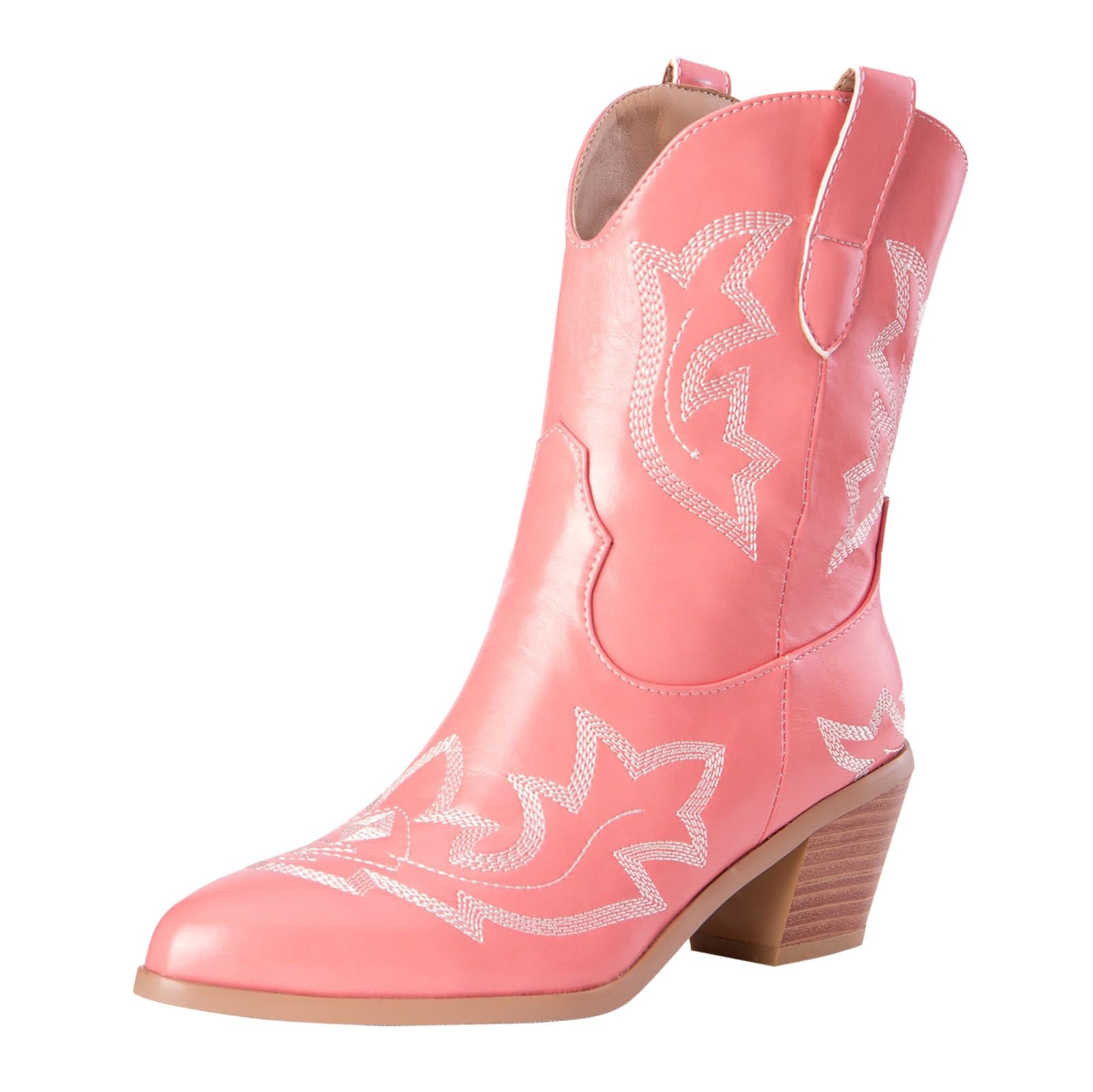 Stivali da donna a metà polpaccio da cowboy western, classici vintage, ricamati, tacco a blocco, in pelle PU, stivali da donna in stile country equitazione western scarpe da sposa, rosa, 42.5 EU