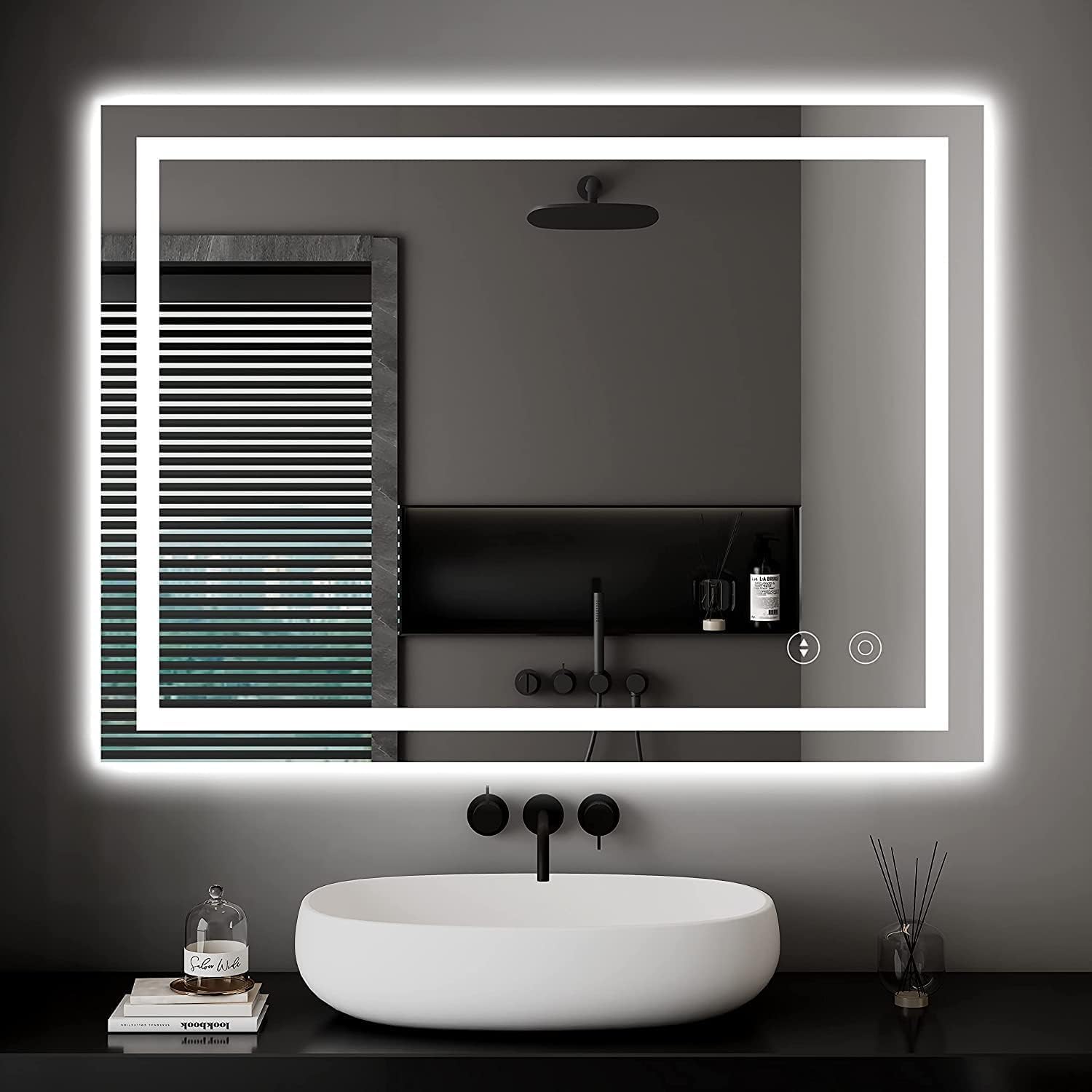 VENETIAN IMAGE Bathroom Mirror with LED Lights, 50 * 70 CM Illuminated Backlit Wall Mounted Bathroom Vanity Mirrors Dimmable Switch 3 Colors and Demister Pad, Horizontal/Vertical (50x70 CM)