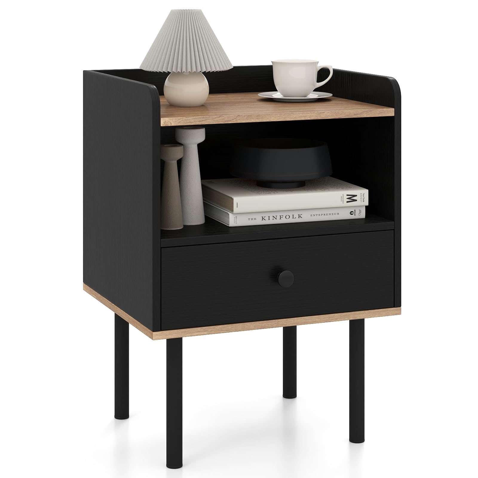 COSTWAY Bedside Table, Wooden Nightstand End Sofa Side Table with Drawer, Open Storage Shelves and Metal Legs, Modern Small Bedside Cabinet for Living Room Bedroom, 41x35x56cm (1PC, Black+Natural)