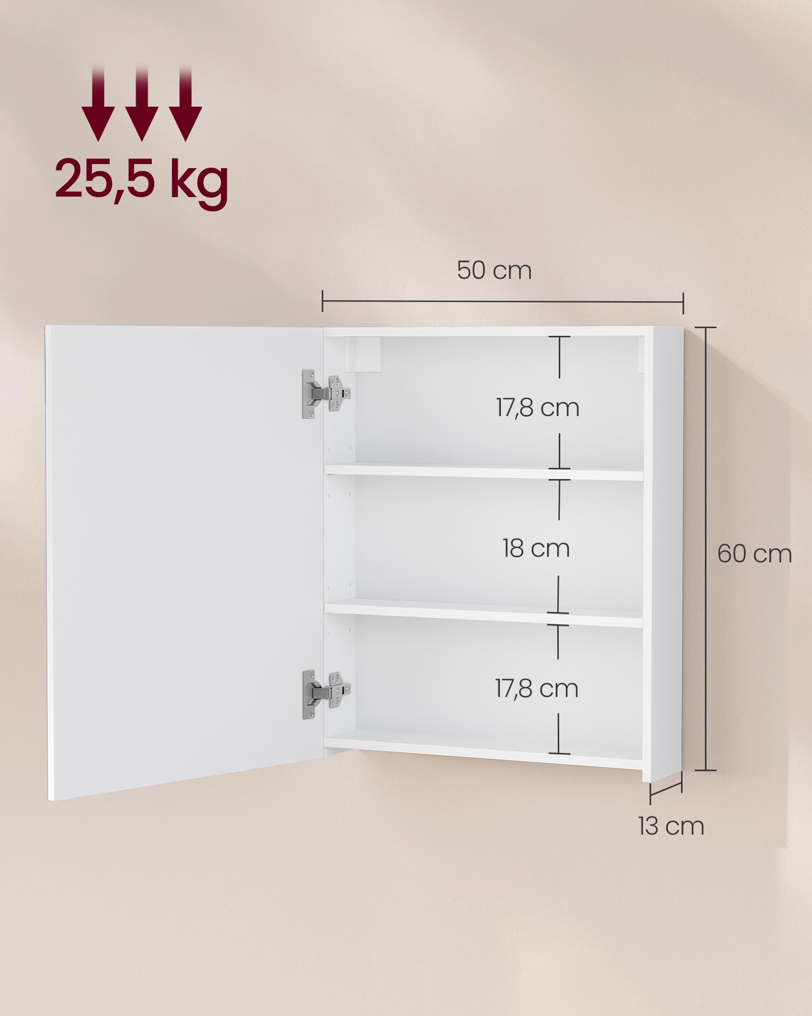 VASAGLE Kailyn Colección - Armario de Pared para Baño, 1 Puerta con Espejo, Estilo Moderno, 13 x 50 x 60 cm, Blanco BBK012WB01