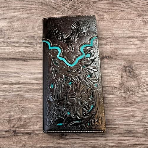 Long Leather Wallet – Embossed Rooster Design – Laser Cut Floral Pattern – Bi-Fold Western Wallet for Men – Ranch Style Rodeo Leather Wallet2