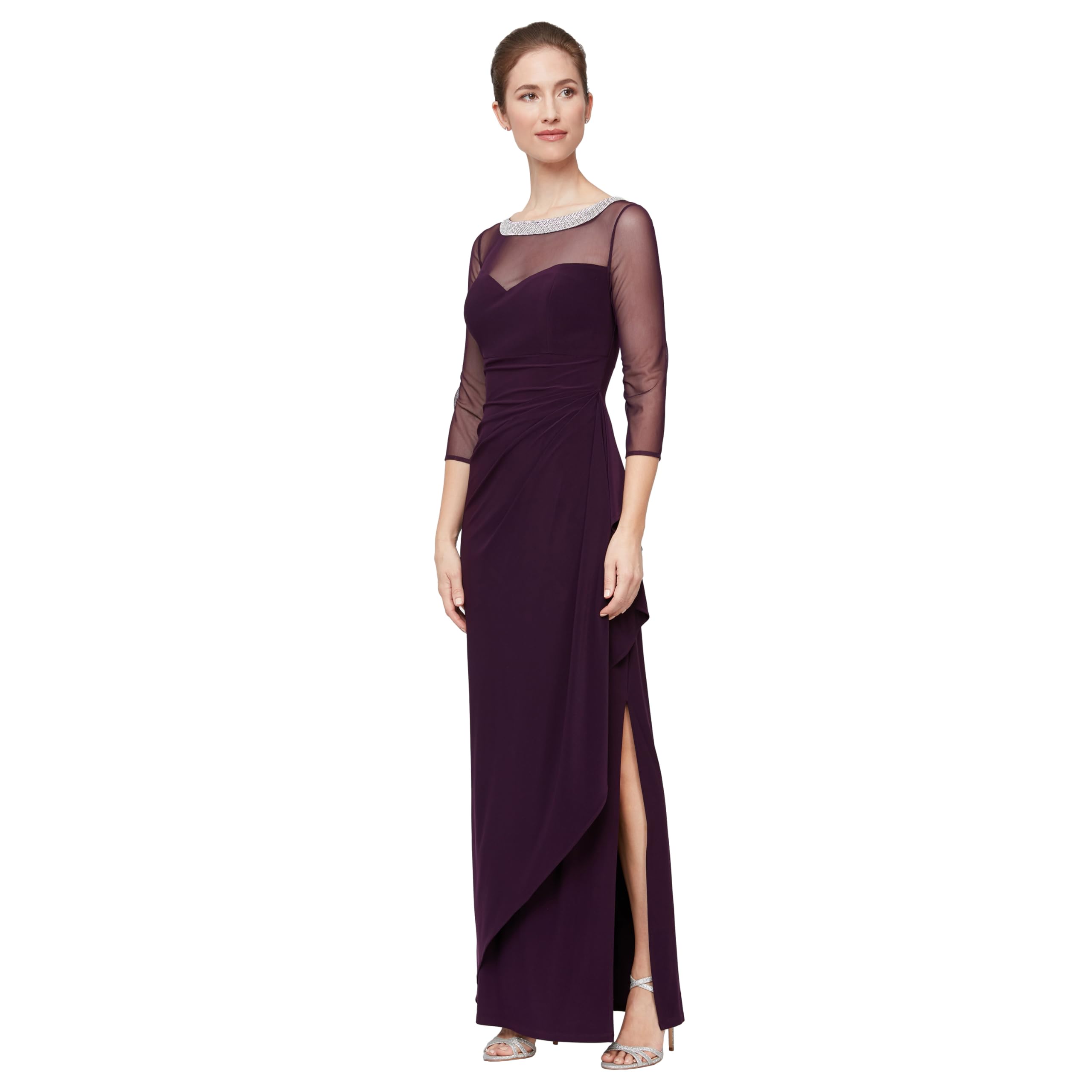 Womens Long Matte Jersey Mother of The Bride Dress with 3/4 Illusion Sleeves (Petite and Regular Sizes)