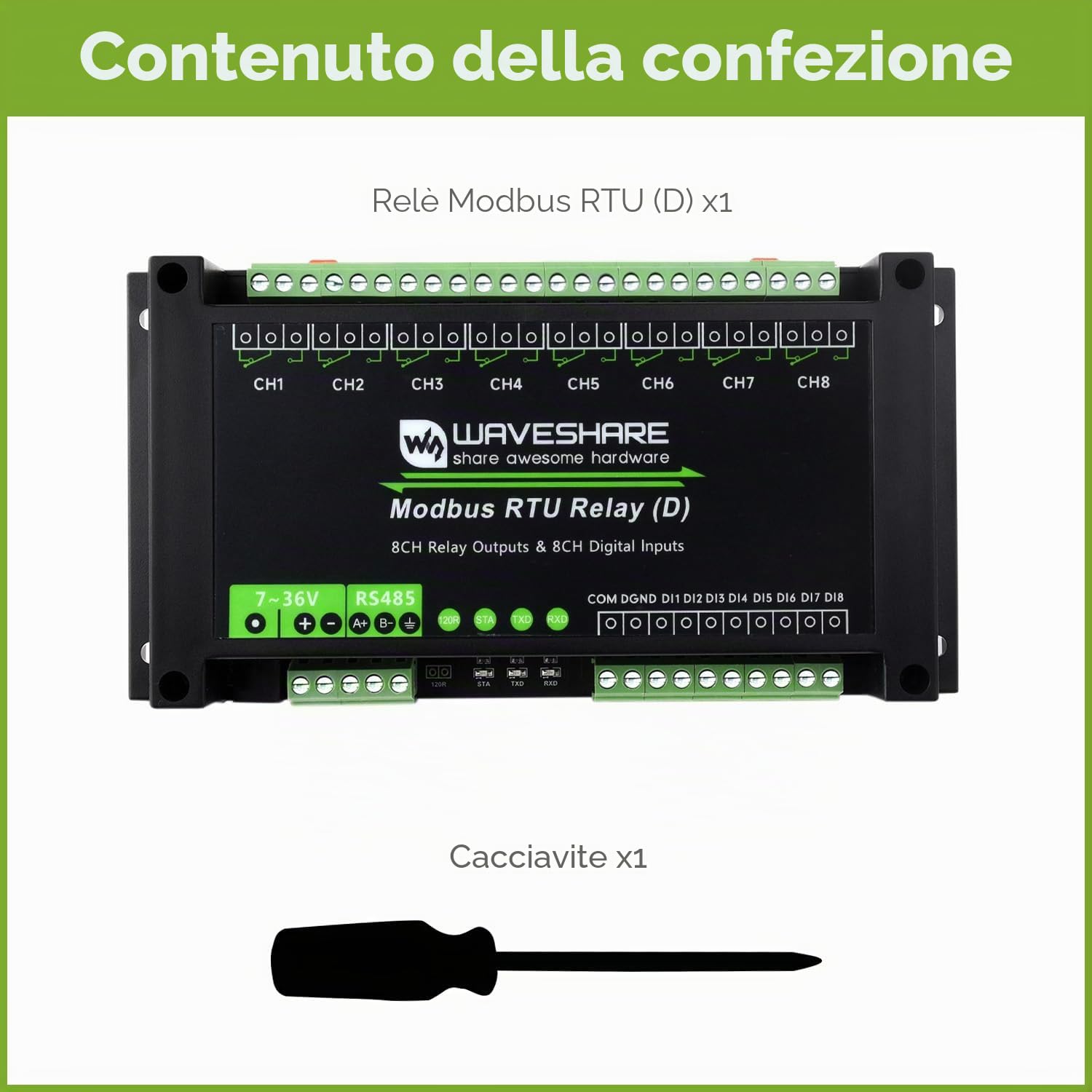 Waveshare Industrial Modbus RTU 8-Ch Relay Module (D) With Digital Input And RS485 Interface, Multi Isolation Protection Circuits, 7~36V Power Supply
