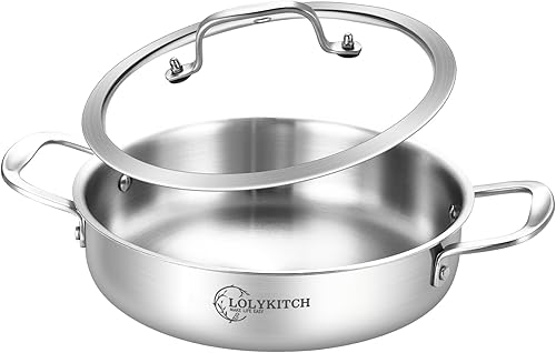 Sartén de acero inoxidable de tres capas de 3 cuartos de galón con tapa, sartén de 10 pulgadas, sartén, cocina jumbo, bandeja de inducción, apta