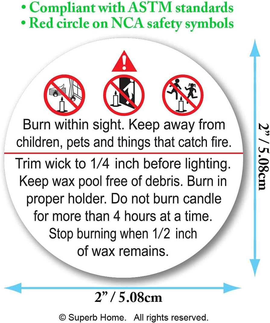 Superb Home 500 pcs 2” ASTM Compliant Candle Warning Labels Stickers Waterproof Scratchproof Official NCA Safety Alert Symbols Big Text Soy Wax Candles Making Supplies Jars Tins Containers