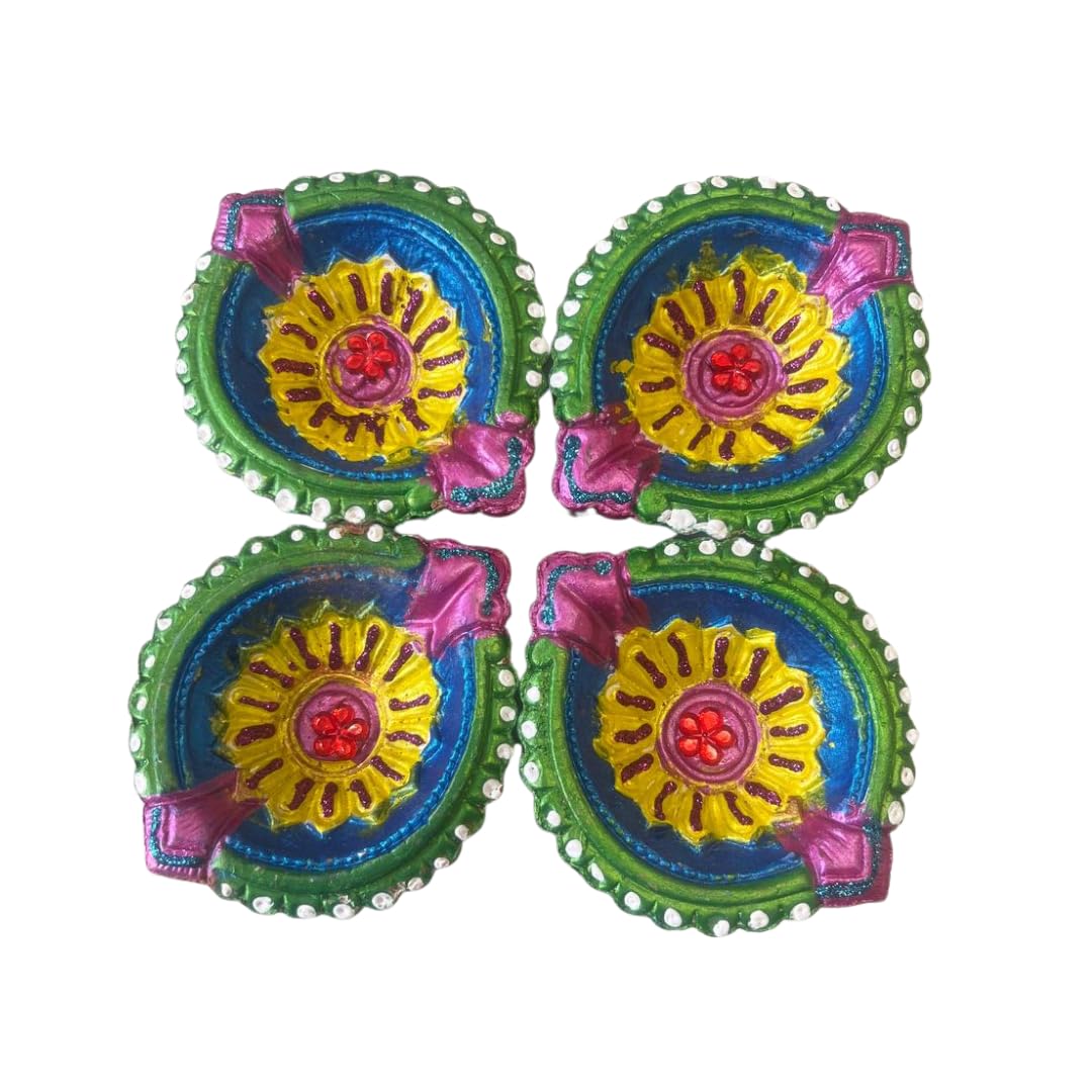 C&S 4 X Handcrafted Clay Diya with Green and Blue Finish, Yellow Flower Centre and Stone Work, Traditional Oil Lamp for Diwali, Pooja, Temple, Rangoli, Festival Lighting, Home Mandir & Gifting