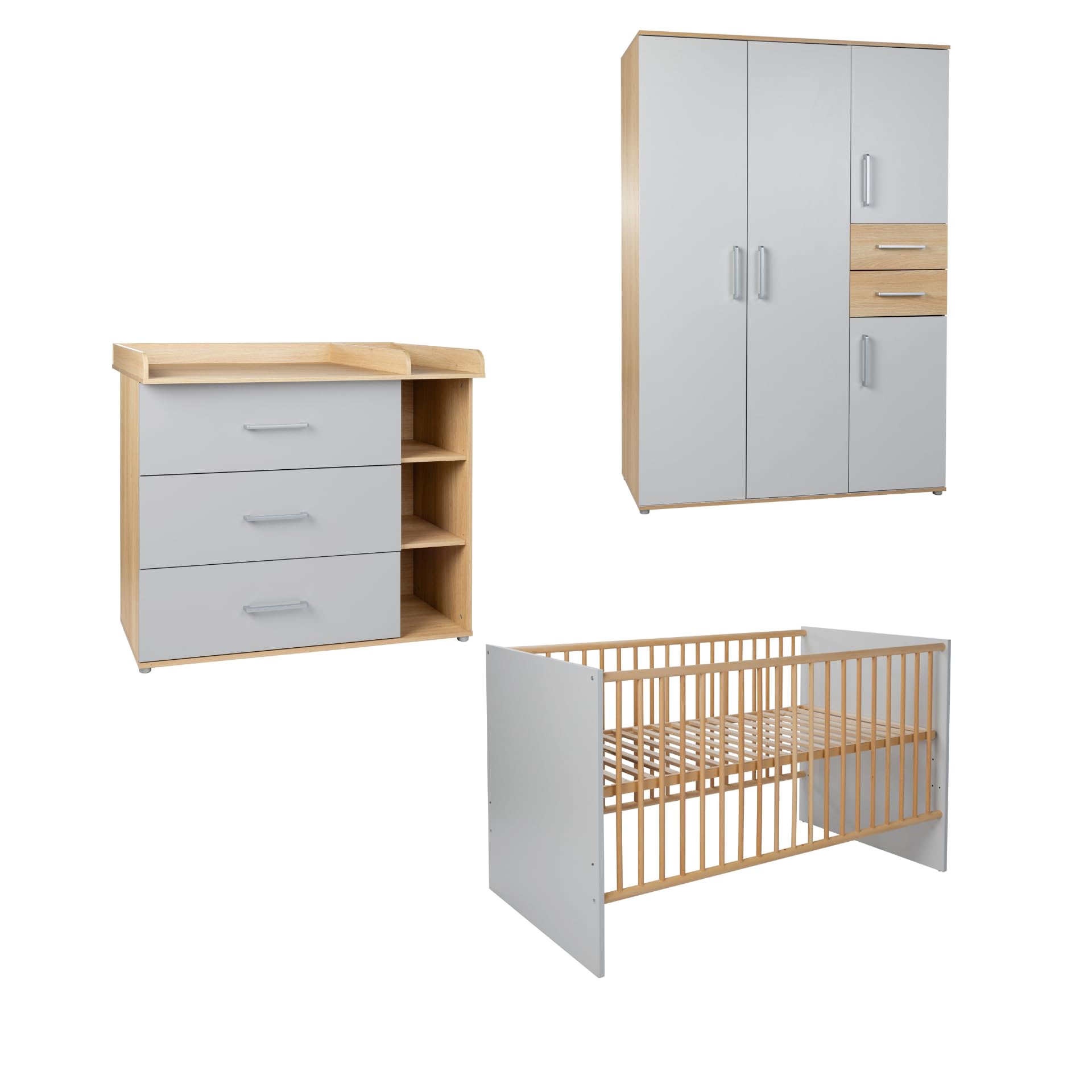 3-teiliges Babyzimmer Set Elina, Kleiderschrank, Wickelkommode, Babybett 70x140 cm, Lichtgrau/Nagano Oak
