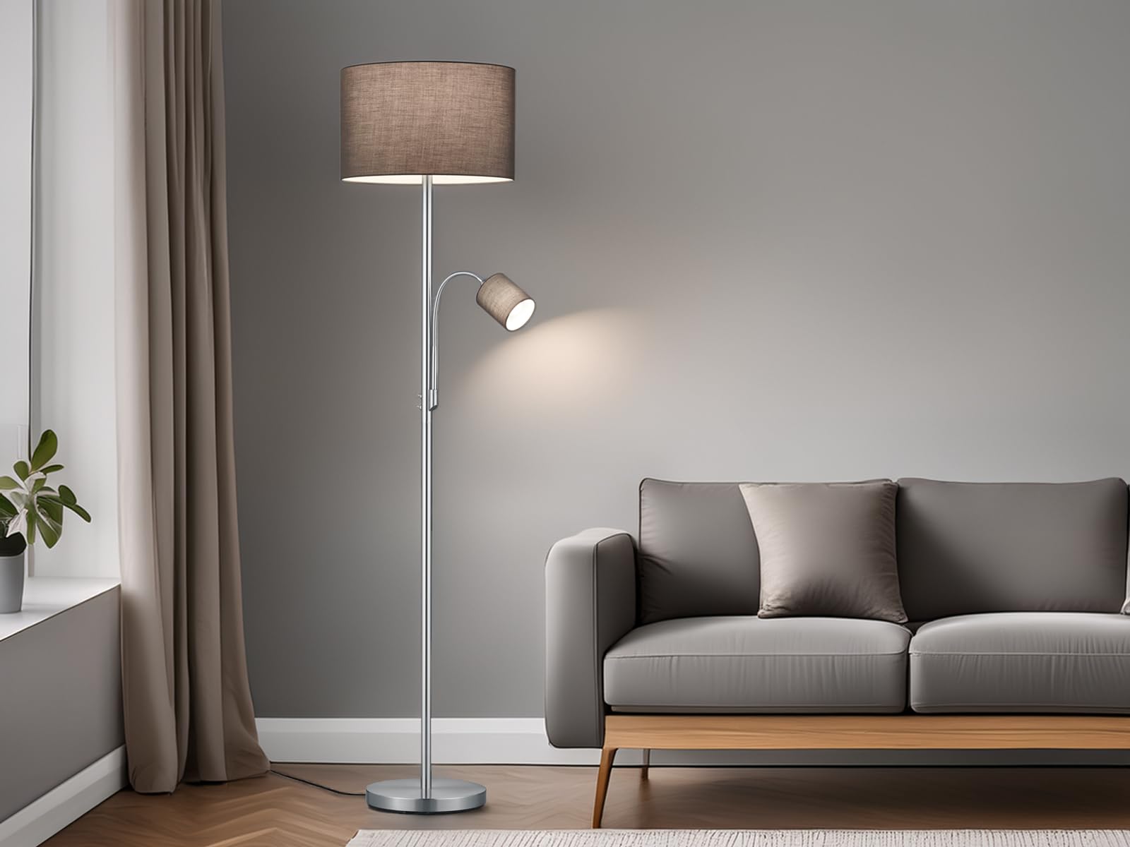 Trio Leuchten Stehleuchte Hotel 403900211, Metall Nickel matt, Stoffschirm Grau, exkl. 1x E27 + 1x E14, 60 watt