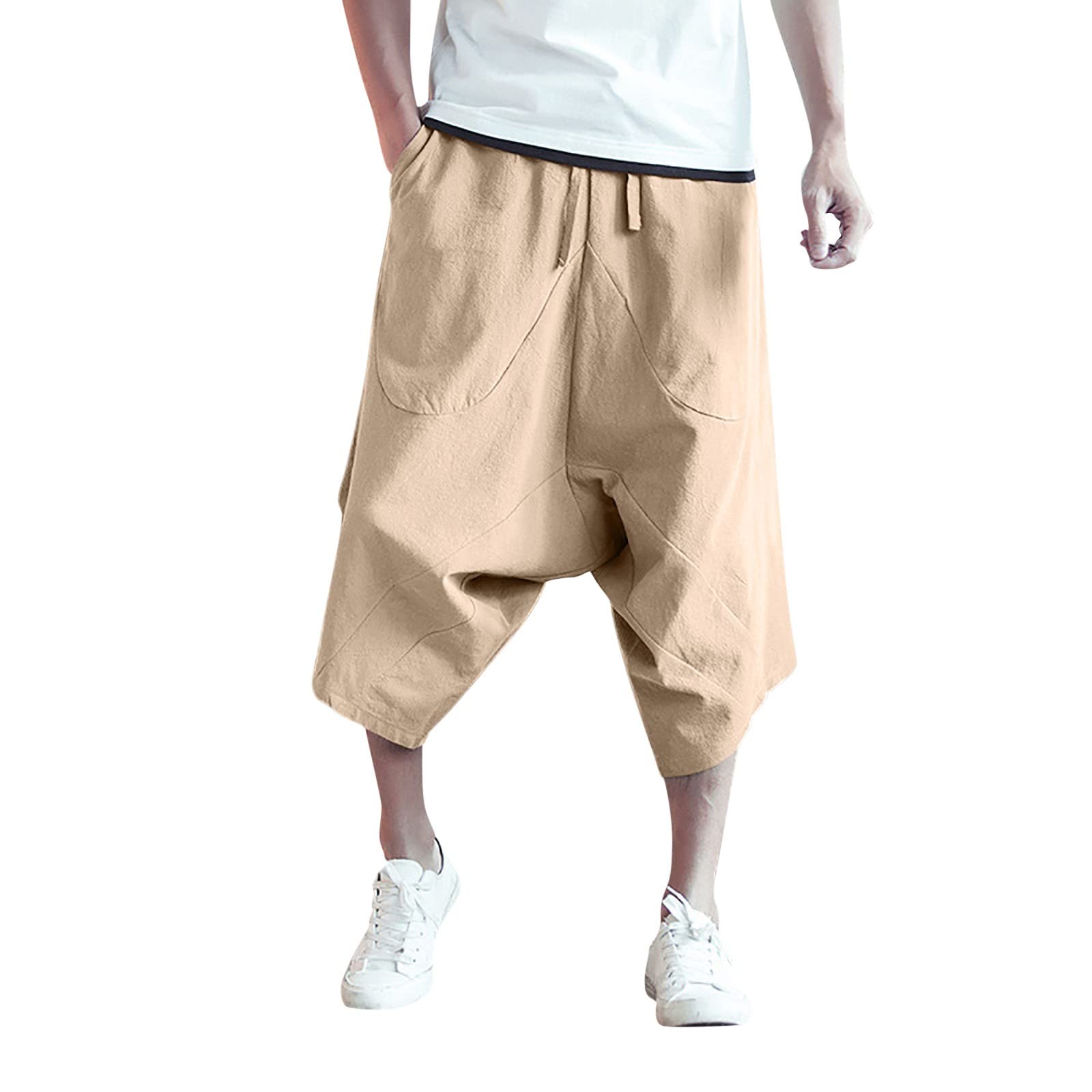 Men's Thai Harem Trousers 3/4 Below Knee Wide Leg Lounge Capri Pants Hippie Casual Drop Crotch Aladdin Pirate Pants Japanese Style Summer Beach Boho Yoga Trousers with Pockets Khaki