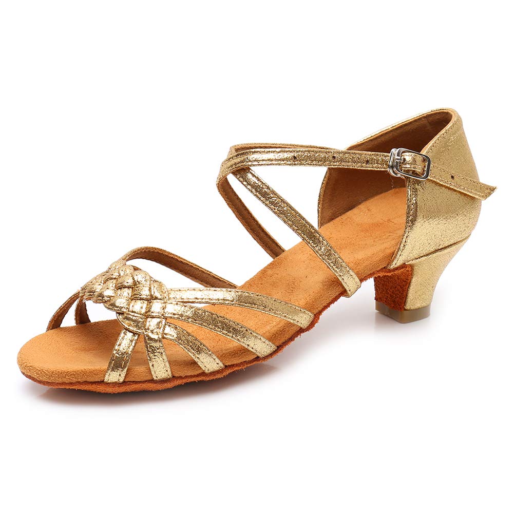 YKXLM Girls Latin Dance Shoes Kids Low Heels Tango Salsa Ballroom Practice Dance Shoes, 1208,Gold,13.5 M Little Kid