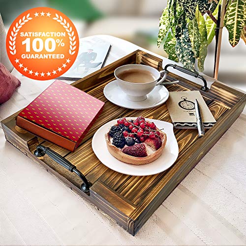 Ottoman Wooden Serving Decorative Large Rustic Tray, Black Sleek Metal Handles. Great for Kitchen, Coffee Table, Dinning Centerpiece, Breakfast in Bed, Bathtub Accessory, Farmhouse Home Décor (Brown) - Thumbnail 4