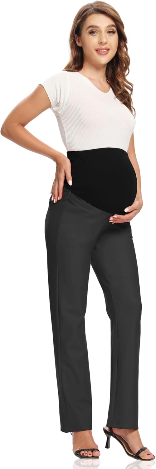 Foucome Women's Maternity Pants Comfy Stretch Dress Work Pants Straight Leg Pregnancy Slacks with Pockets