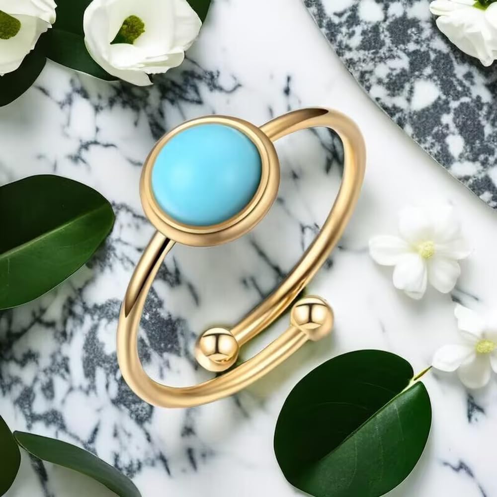 Simulated Turquoise Stacking Ring for Women Teen Girls Promise Wedding Engagement Statement 18k Gold Plated Stainless Steel Adjustable Open Tiny Wrap Middle Tail Finger Band Valentine's Day Anniversary Jewelry Dainty Gifts Christmas - Image 4