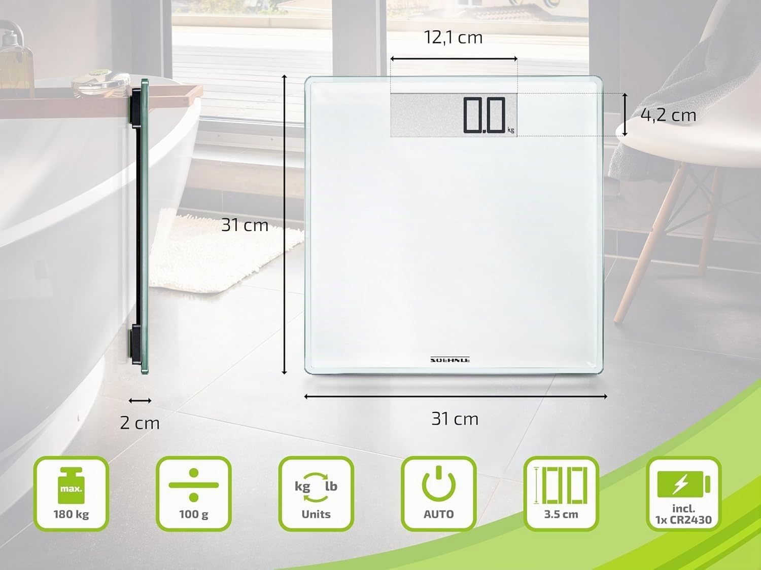 Soehnle Style Sense Comfort 100 Bilancia Pesapersone, Bilancia Precisa Lcd Fino A 180Kg, Bilancia Elettronica Pesapersone, Bianca, 35 X 34.5 X 3.5 Cm