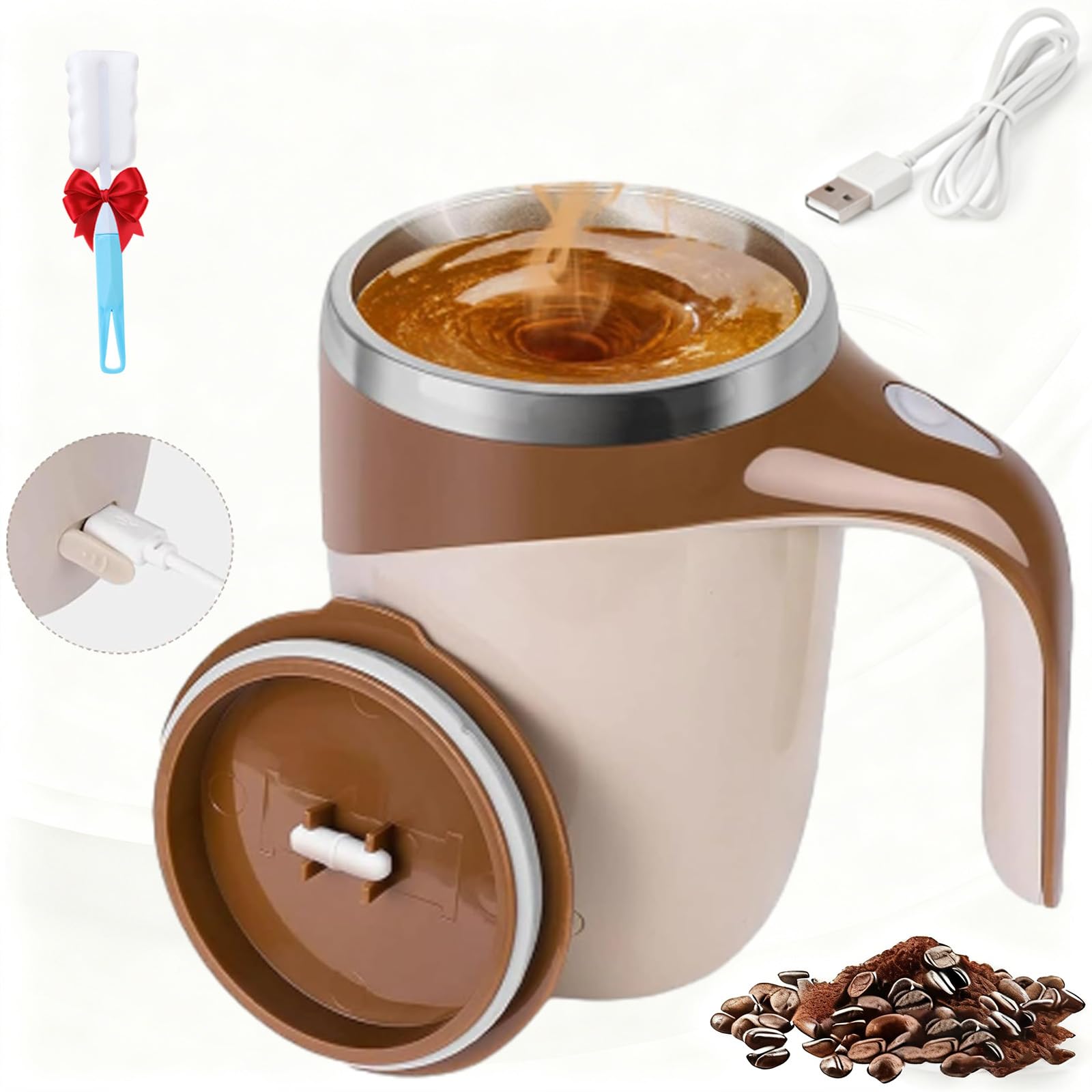 Automatic Magnetic Stirring Coffee Mug, Reusable Electric Stainless Steel Self, Electric Self Stirring Coffee Mug with Lid, Magnetic Stirring Cup Rotating Travel Mixing Cups (Brown-Rechargeable)